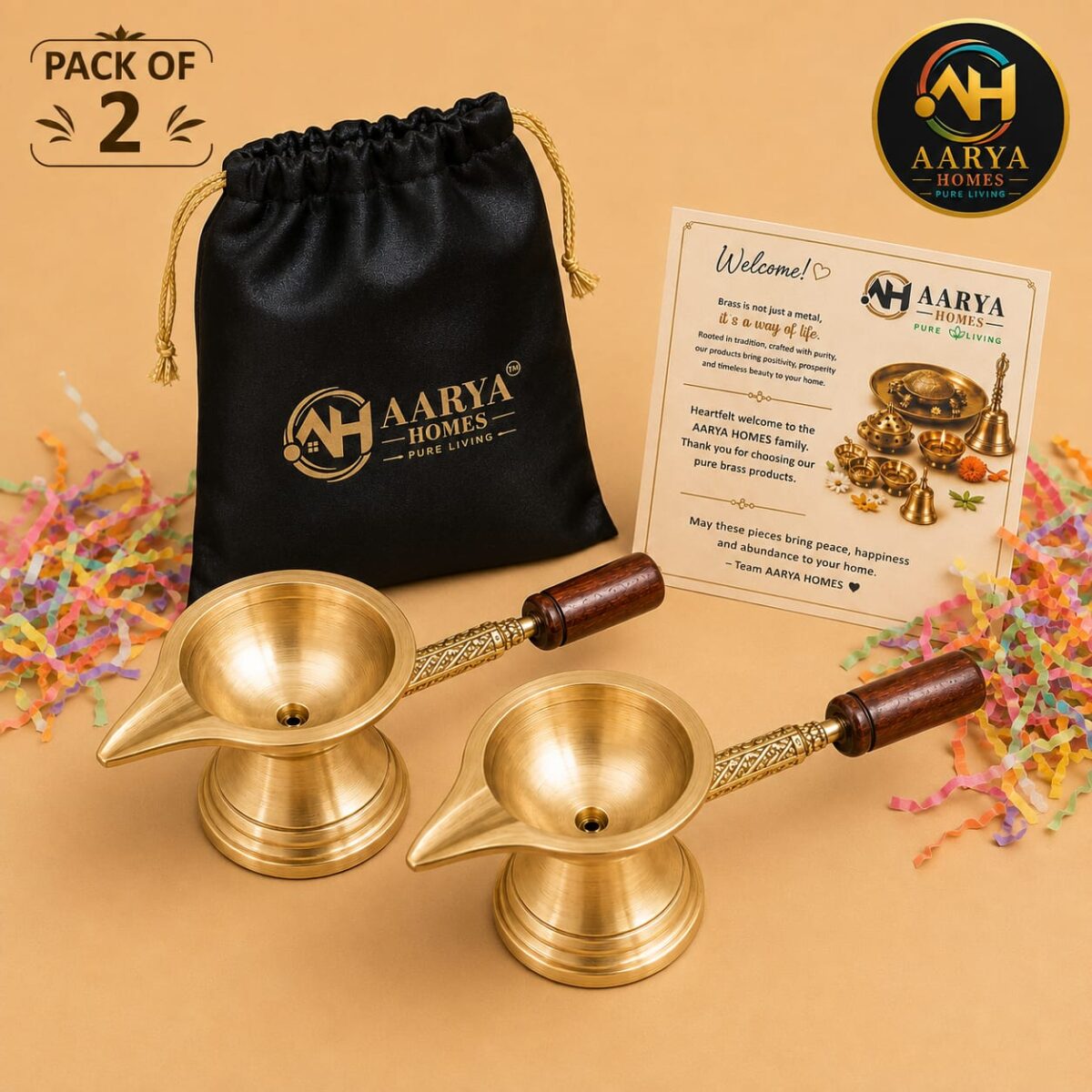 AARYA HOMES Pure Brass Aarti Diya with Wooden Handle for Puja | Traditional Oil & Ghee Lamp | Handcrafted Pooja Jyot | Temple, Home Mandir, Festival & Daily Worship | Brass Finish | Pack Of 2 | PURE LIVING. - Image 2