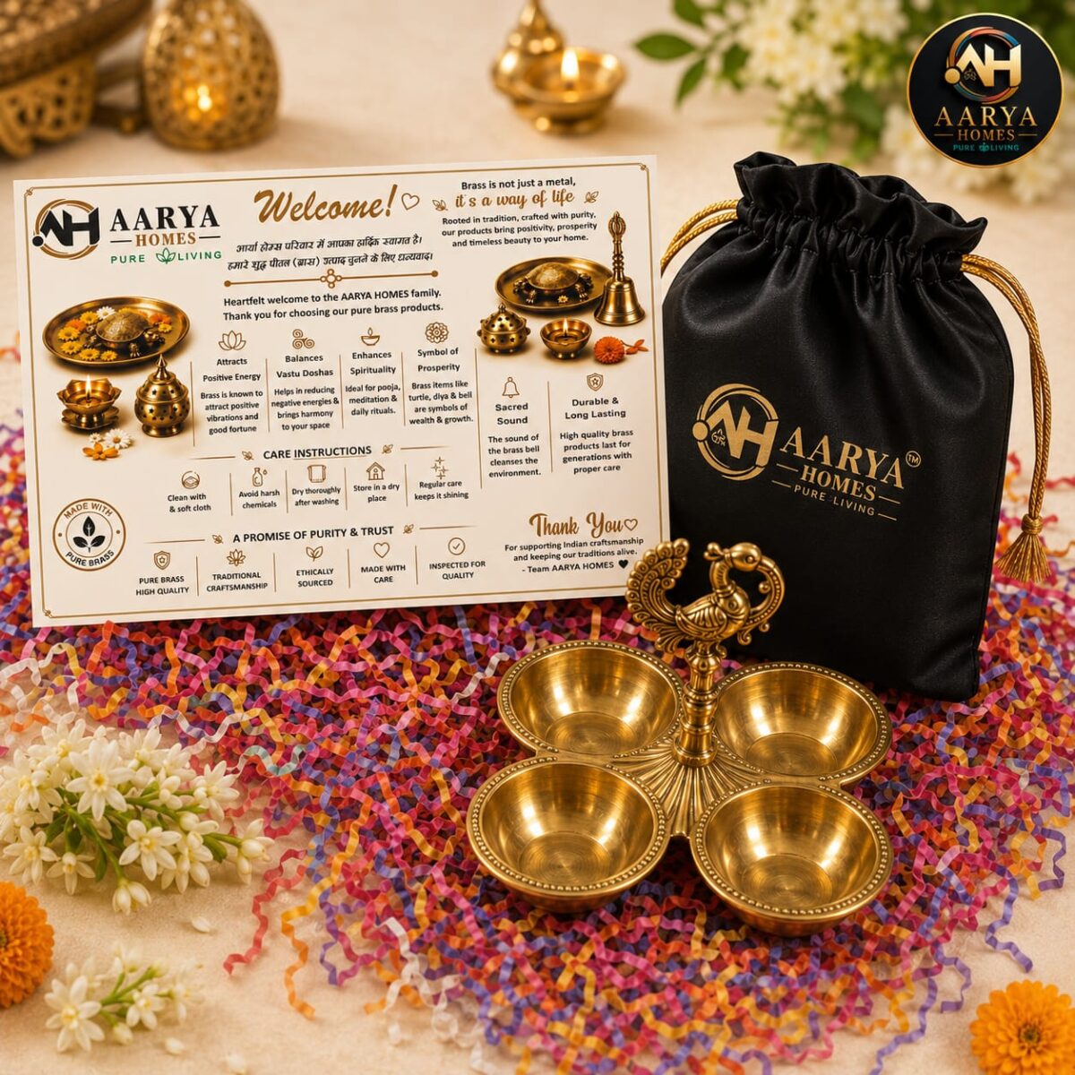 AARYA HOMES Premium Brass Kanakavati | 4 Bowl Kumkum Holder & Dry Fruit Serving Bowl with Peacock Handle | Traditional Puja Accessory | PURE LIVING. - Image 2