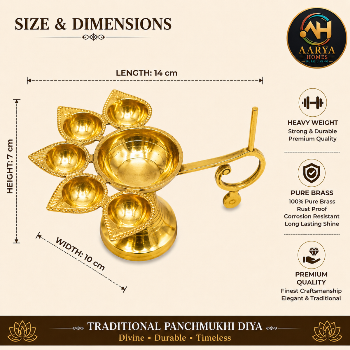 AARYA HOMES Premium Brass Panchmukhi Diya with Handle | Traditional 5-Wick Oil Lamp for Puja | Heavy Pure Brass Deepam | Temple, Home Decor, Diwali, Navratri & Spiritual Gift | PURE LIVING. - Image 2