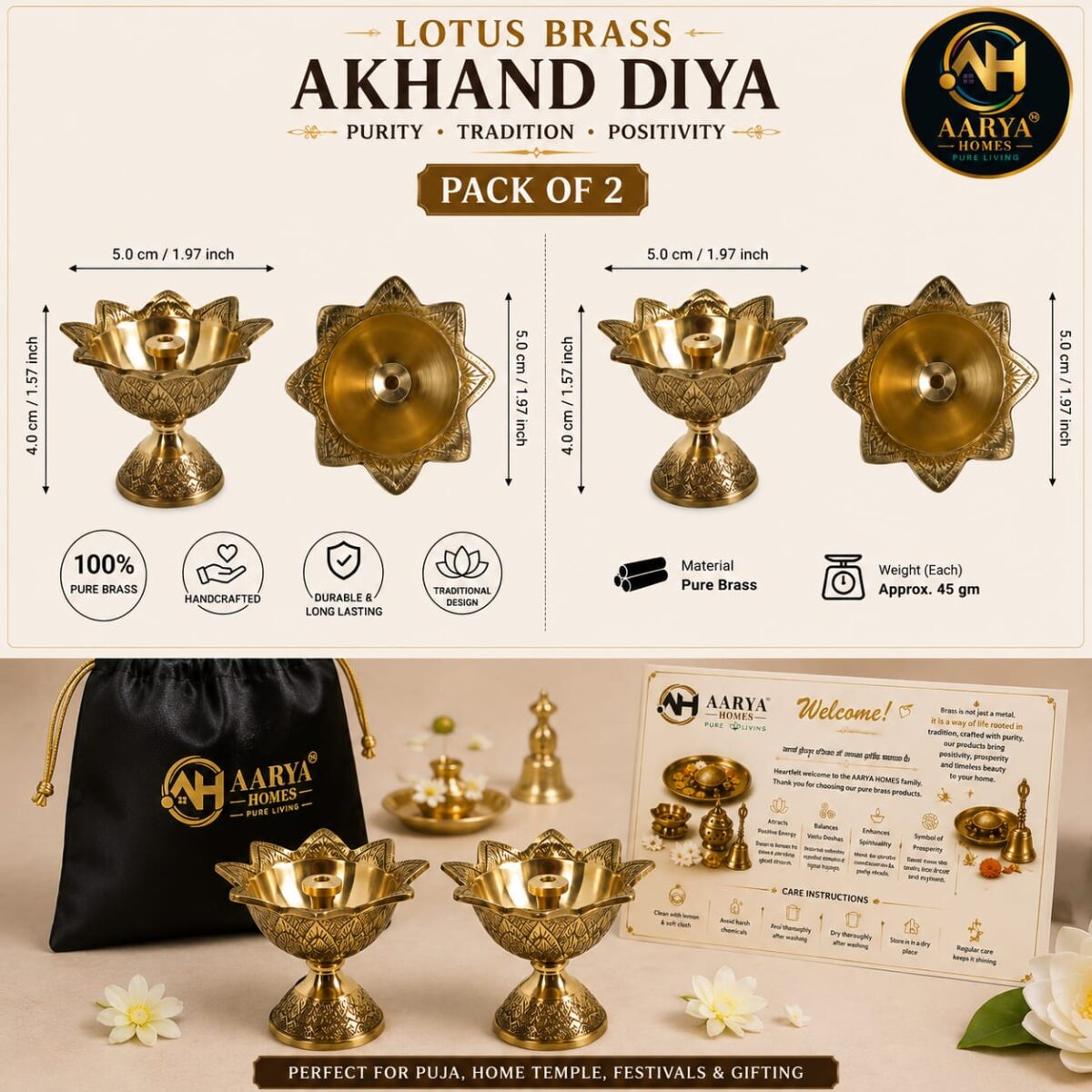 AARYA HOMES Pure Brass Lotus Akhand Diya for Puja Home Temple Décor | Handcrafted Pooja Jyot | Pure Brass Finish | Pack Of 2 | PURE LIVING. - Image 3