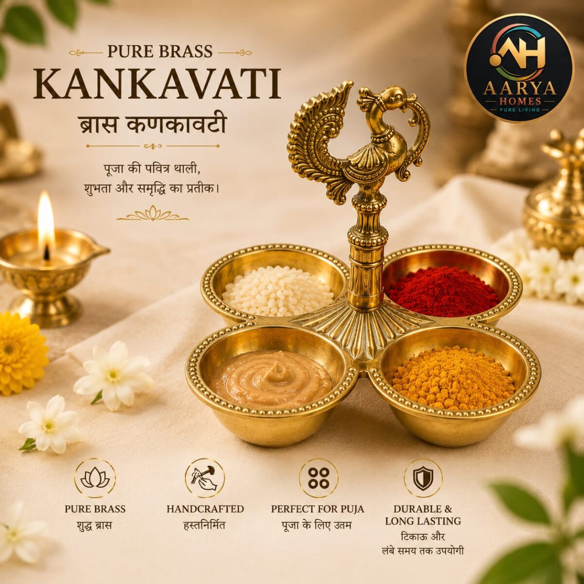 AARYA HOMES Premium Brass Kanakavati | 4 Bowl Kumkum Holder & Dry Fruit Serving Bowl with Peacock Handle | Traditional Puja Accessory | PURE LIVING. - Image 6