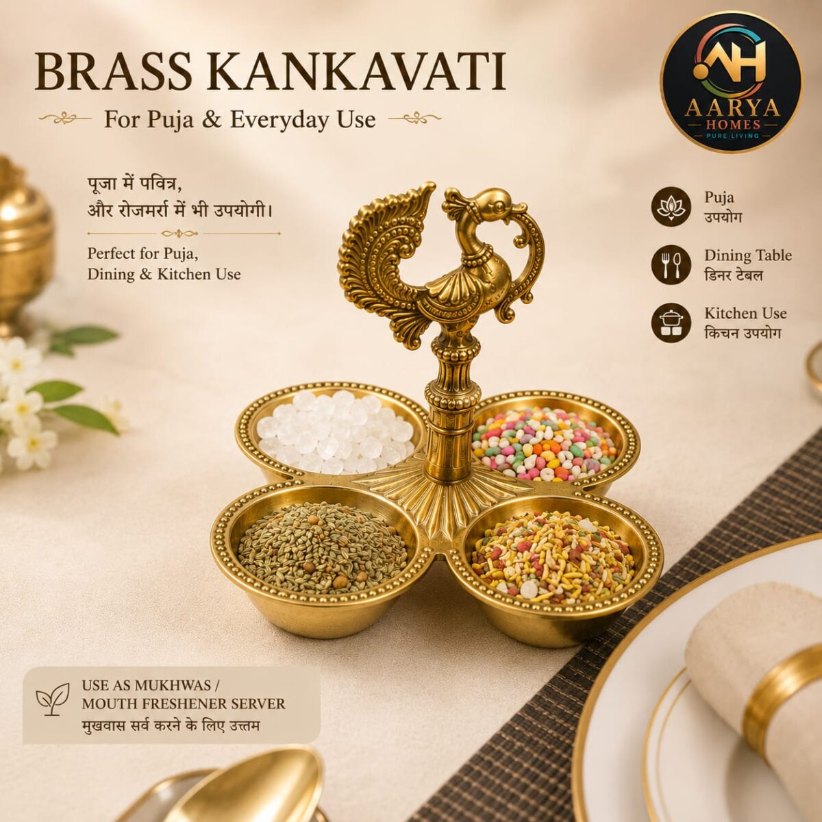 AARYA HOMES Premium Brass Kanakavati | 4 Bowl Kumkum Holder & Dry Fruit Serving Bowl with Peacock Handle | Traditional Puja Accessory | PURE LIVING. - Image 4