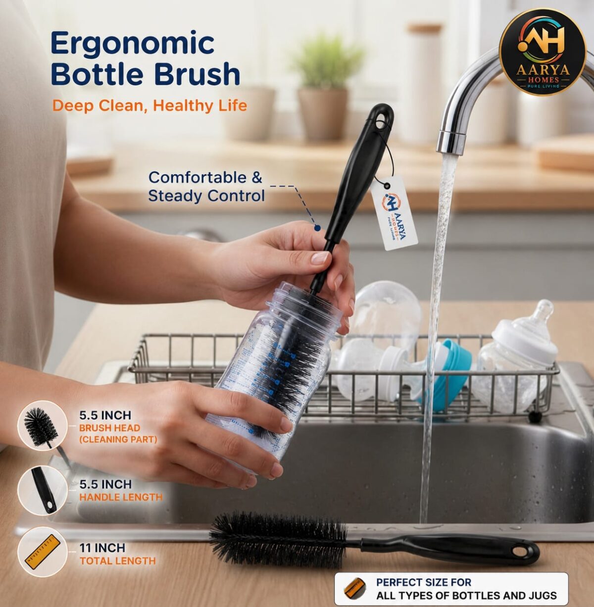 AARYA HOMES Bottle Cleaning Brush | Pack Of 1 | 11inch Length (5.5inch Cleaning Head & 5.5inch Handle) | High-Density Bristles | RUST Proof & Durable | BPA Free | Non-Toxic | Easy Grip | Suitable For All Kinds Of Bottles | All Black First in Class | PURE LIVING. - Image 6