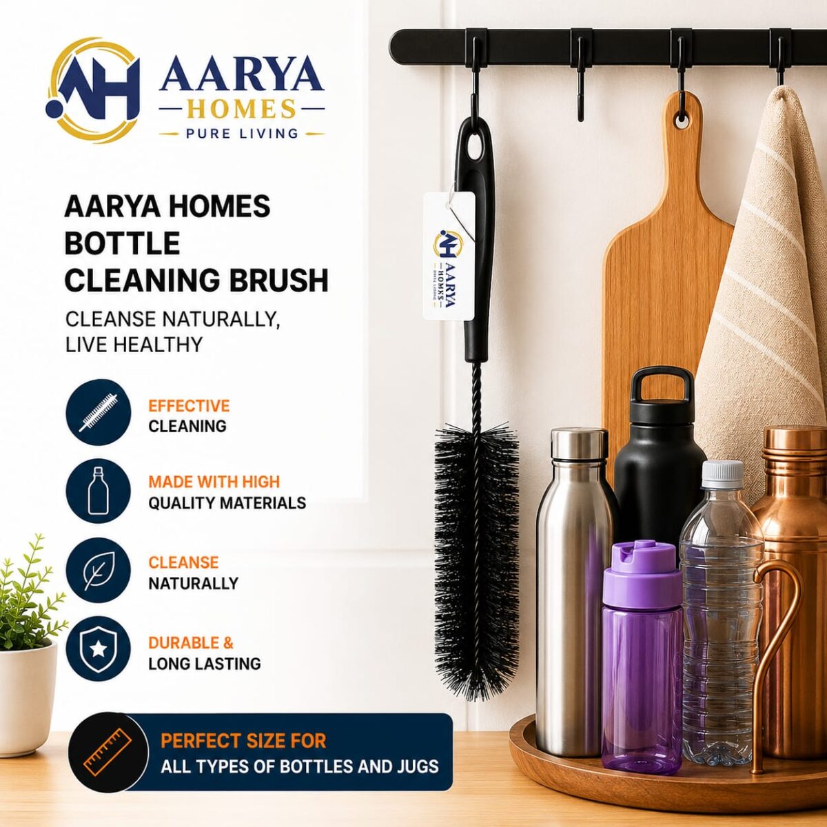 AARYA HOMES Bottle Cleaning Brush | Pack Of 1 | 11inch Length (5.5inch Cleaning Head & 5.5inch Handle) | High-Density Bristles | RUST Proof & Durable | BPA Free | Non-Toxic | Easy Grip | Suitable For All Kinds Of Bottles | All Black First in Class | PURE LIVING. - Image 5