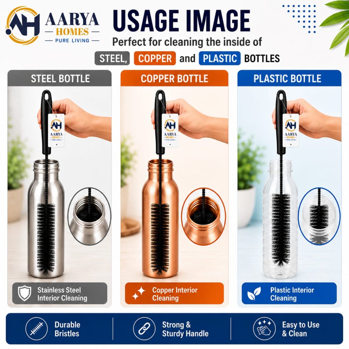 AARYA HOMES Bottle Cleaning Brush | Pack Of 1 | 11inch Length (5.5inch Cleaning Head & 5.5inch Handle) | High-Density Bristles | RUST Proof & Durable | BPA Free | Non-Toxic | Easy Grip | Suitable For All Kinds Of Bottles | All Black First in Class | PURE LIVING. - Image 4