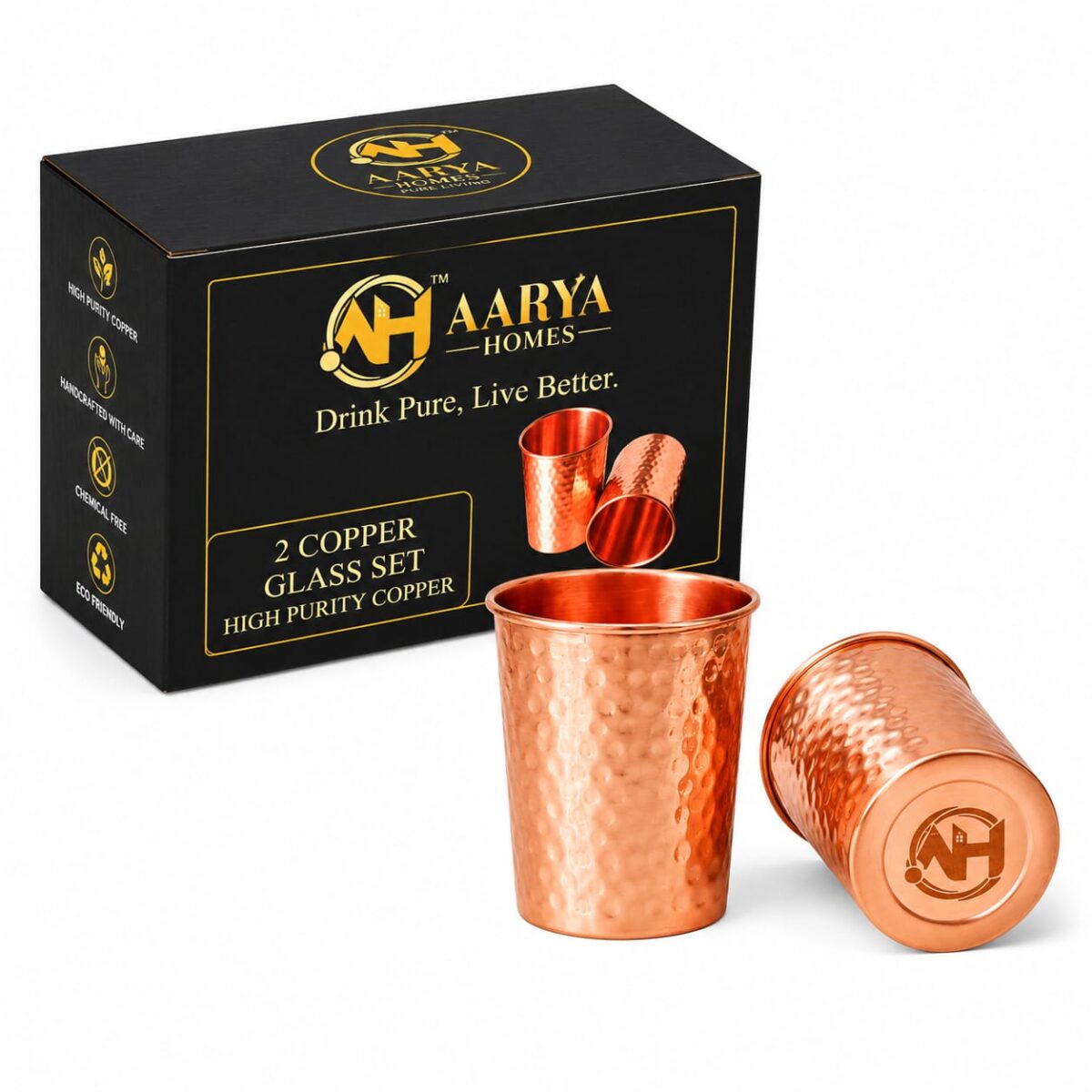 AARYA HOMES Pure Copper Hammered Glass (Pack of 2, 300ml Each) | 99.9% Pure Copper | Drinking Serving Water | Design for Ayurveda Wellness | Traditional Handcrafted Copper Utensil | PURE LIVING. - Image 2