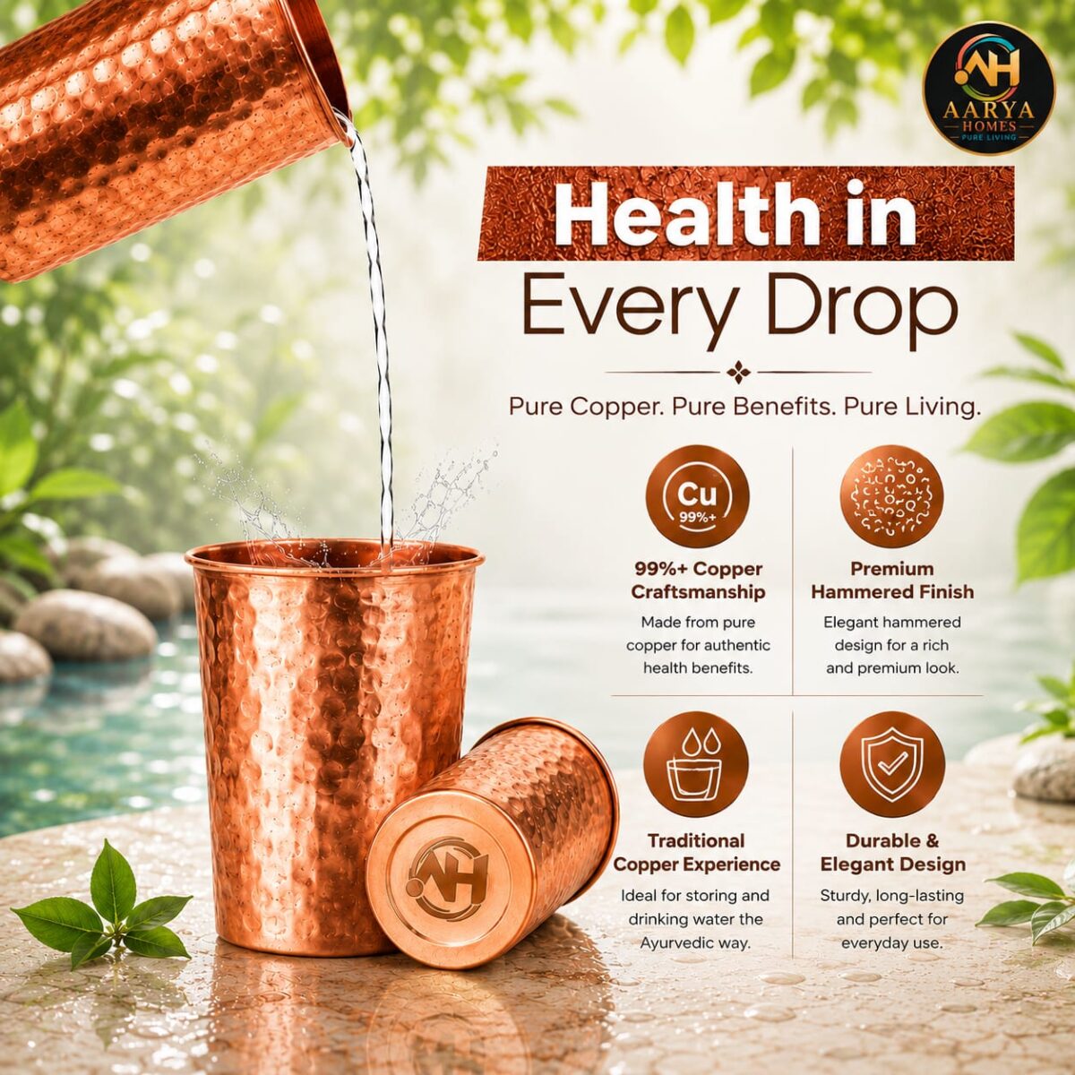AARYA HOMES Pure Copper Hammered Glass (Pack of 2, 300ml Each) | 99.9% Pure Copper | Drinking Serving Water | Design for Ayurveda Wellness | Traditional Handcrafted Copper Utensil | PURE LIVING. - Image 8