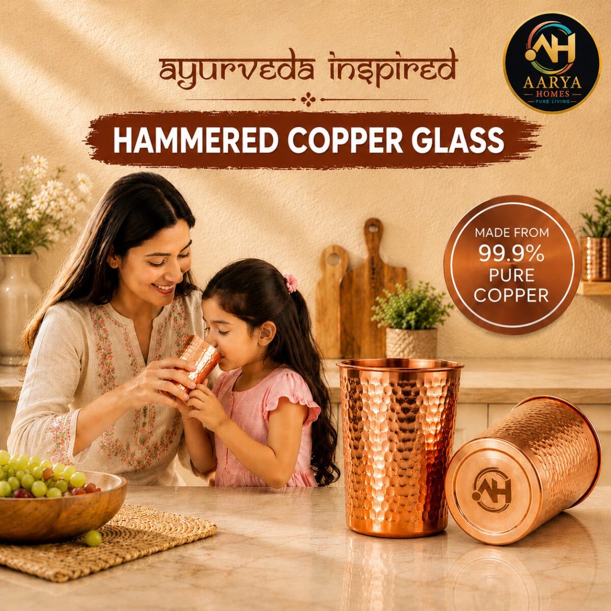 AARYA HOMES Pure Copper Hammered Glass (Pack of 2, 300ml Each) | 99.9% Pure Copper | Drinking Serving Water | Design for Ayurveda Wellness | Traditional Handcrafted Copper Utensil | PURE LIVING. - Image 6