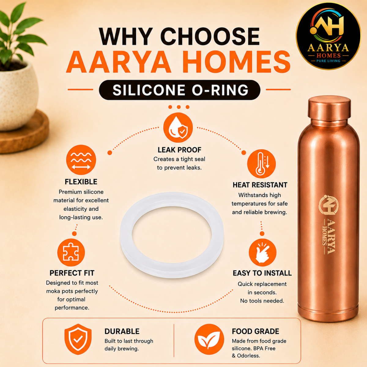 AARYA HOMES Food Grade Silicone O-Ring for Copper Water Bottle Cap | Inner Size | Leak Proof Replacement Silicone Seal Ring | BPA Free, Reusable & Durable Bottle Gasket | White | Pack of 4 | PURE LIVING. - Image 3