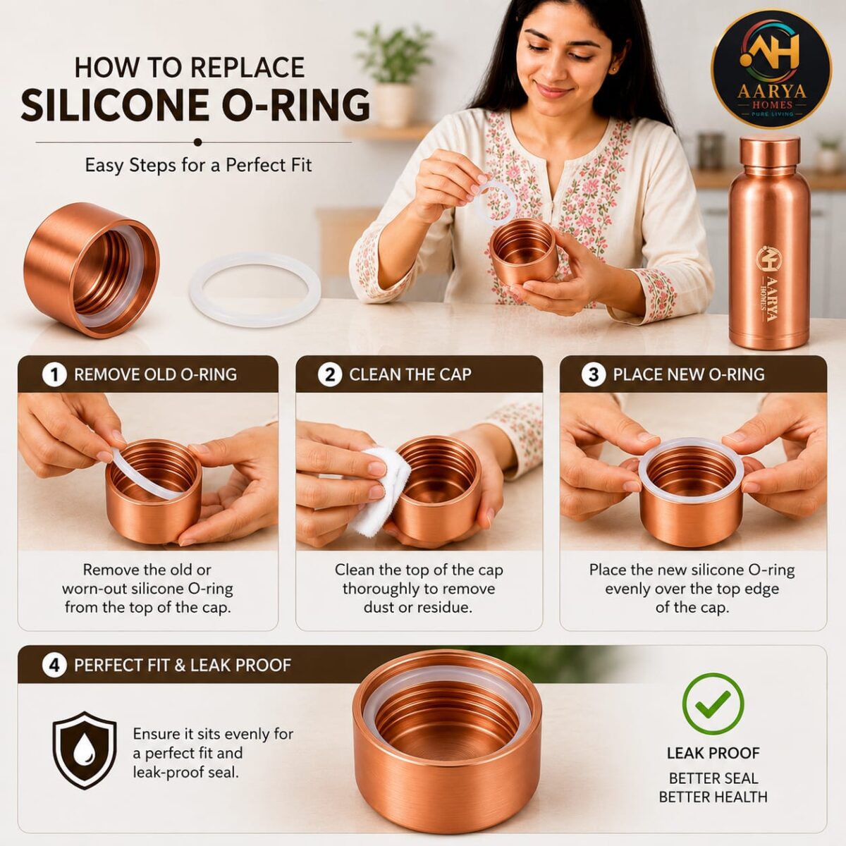 AARYA HOMES Food Grade Silicone O-Ring for Copper Water Bottle Cap | Inner Size | Leak Proof Replacement Silicone Seal Ring | BPA Free, Reusable & Durable Bottle Gasket | White | Pack of 4 | PURE LIVING. - Image 4
