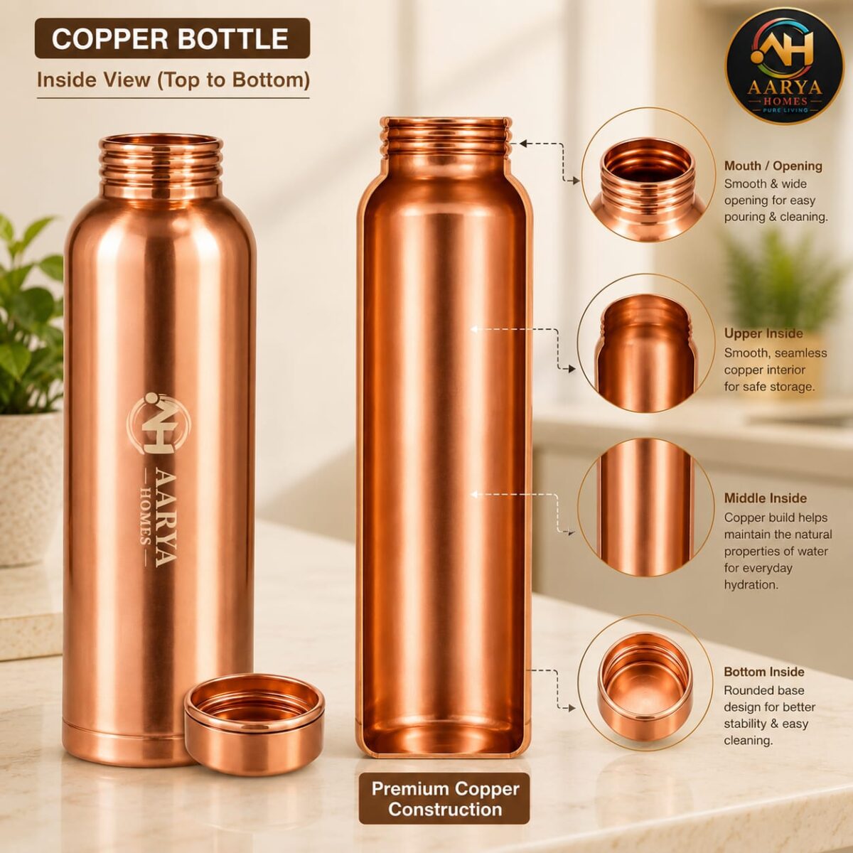 AARYA HOMES Pure Copper Water Bottle (950ml) | 100% Pure BPA-Free & Leak Proof | High-Quality Pure Copper | With Anti Oxidant Properties | Ayurveda Inspired | Provides Health Benefits | PURE LIVING. - Image 5
