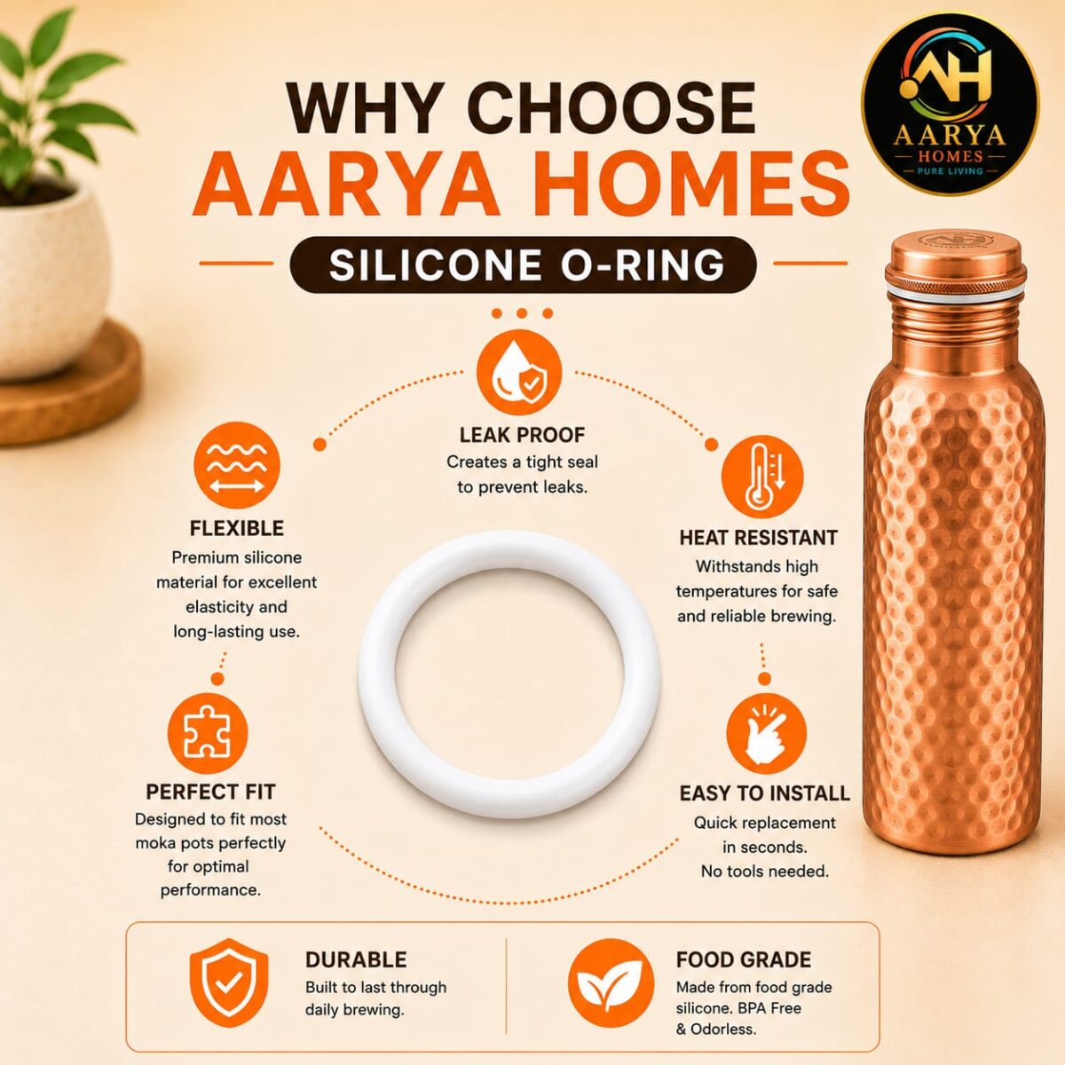 AARYA HOMES Food Grade Silicone O-Ring for Copper Water Bottle Cap | Leak Proof Replacement Silicone Seal Ring | BPA Free, Reusable & Durable Bottle Gasket | White | Pack of 4 | PURE LIVING. - Image 4